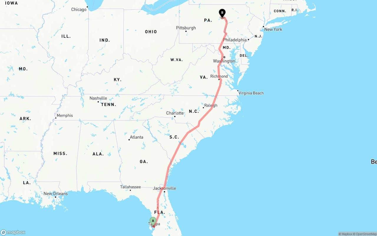 Shipping route from Tampa International Airport to Pennsylvania