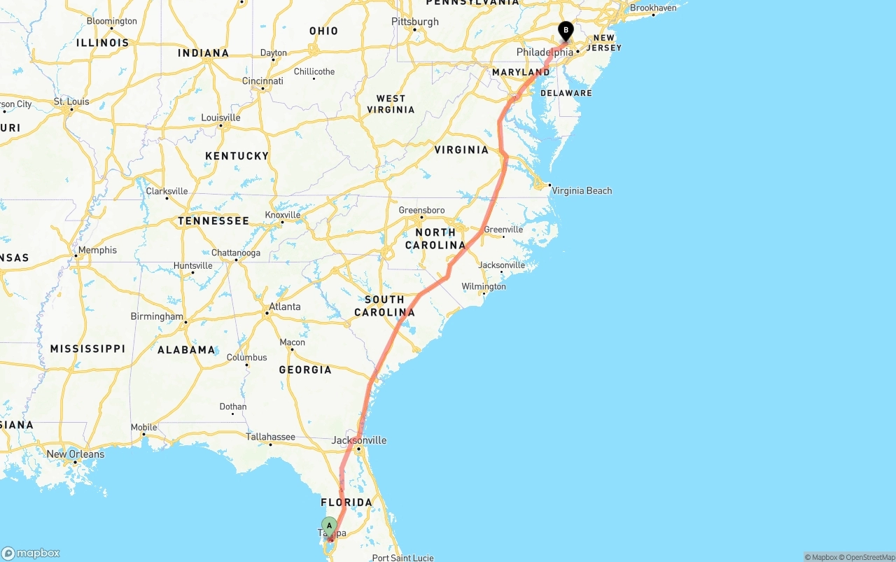 Shipping route from Tampa International Airport to Phoenix