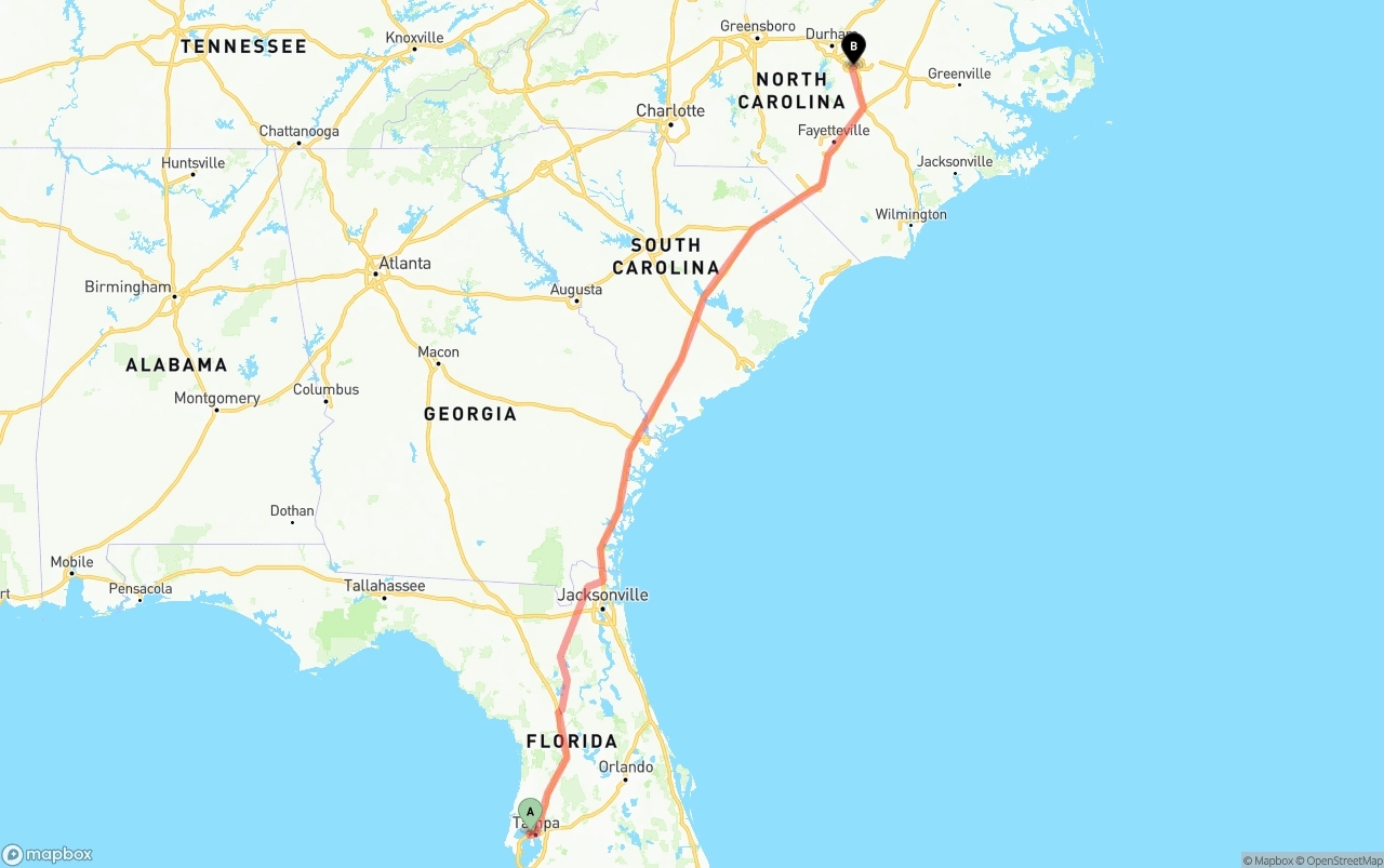 Shipping route from Tampa International Airport to Raleigh