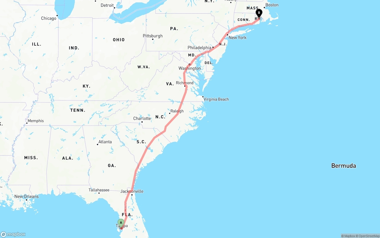 Shipping route from Tampa International Airport to Rhode Island