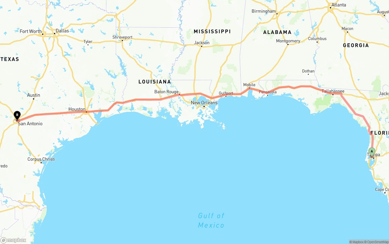 Shipping route from Tampa International Airport to San Antonio