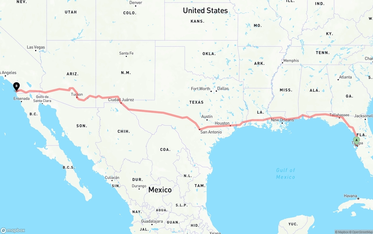Shipping route from Tampa International Airport to San Diego