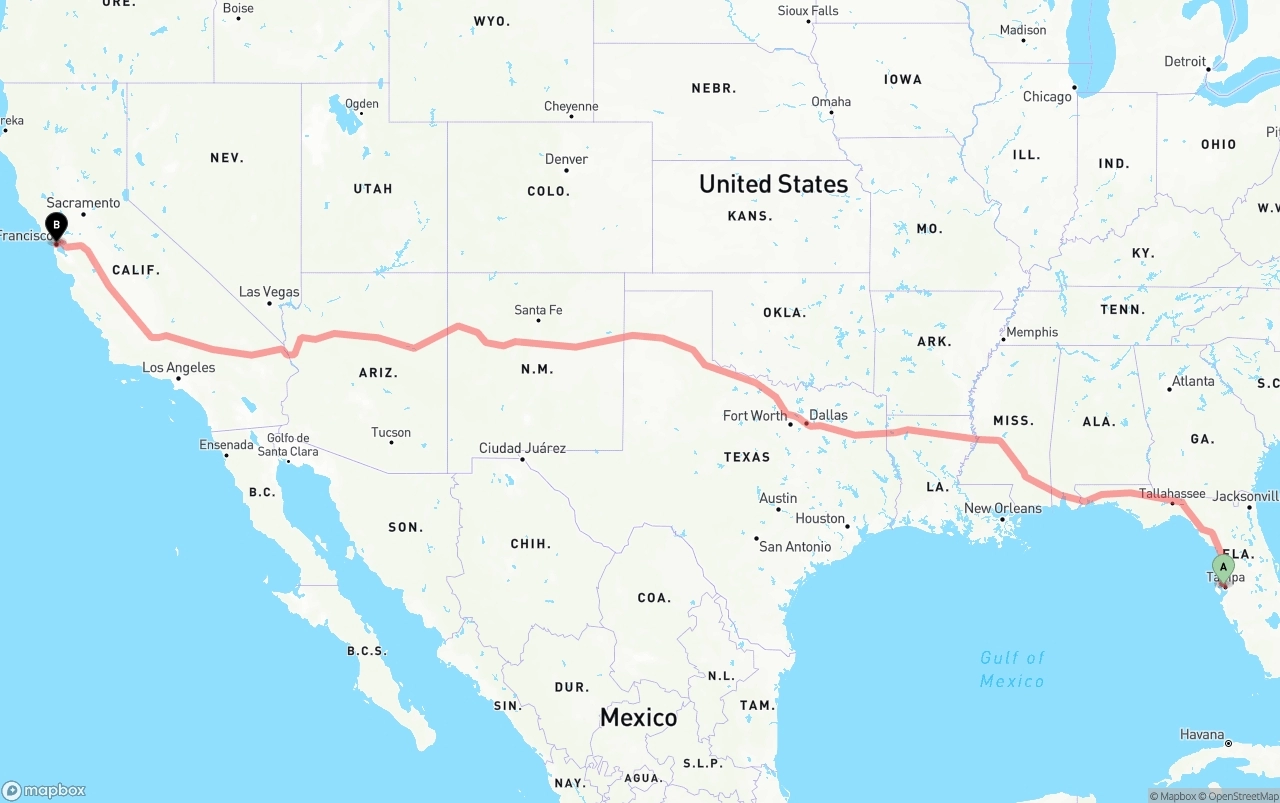 Shipping route from Tampa International Airport to San Francisco