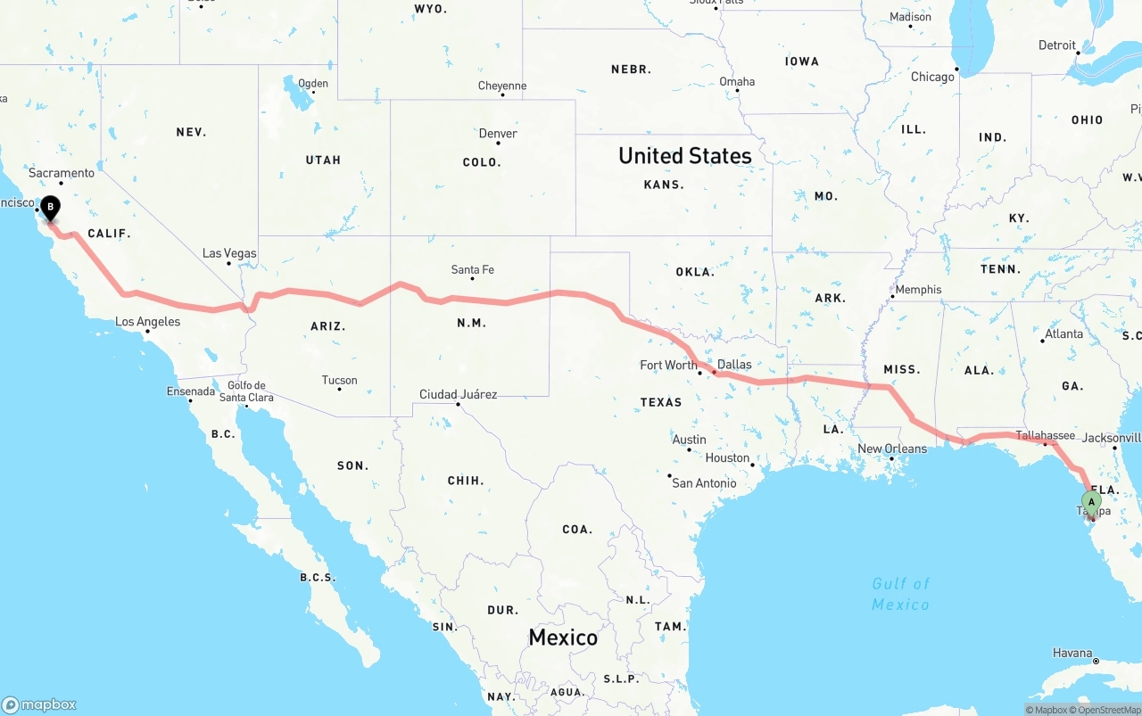 Shipping route from Tampa International Airport to San Jose