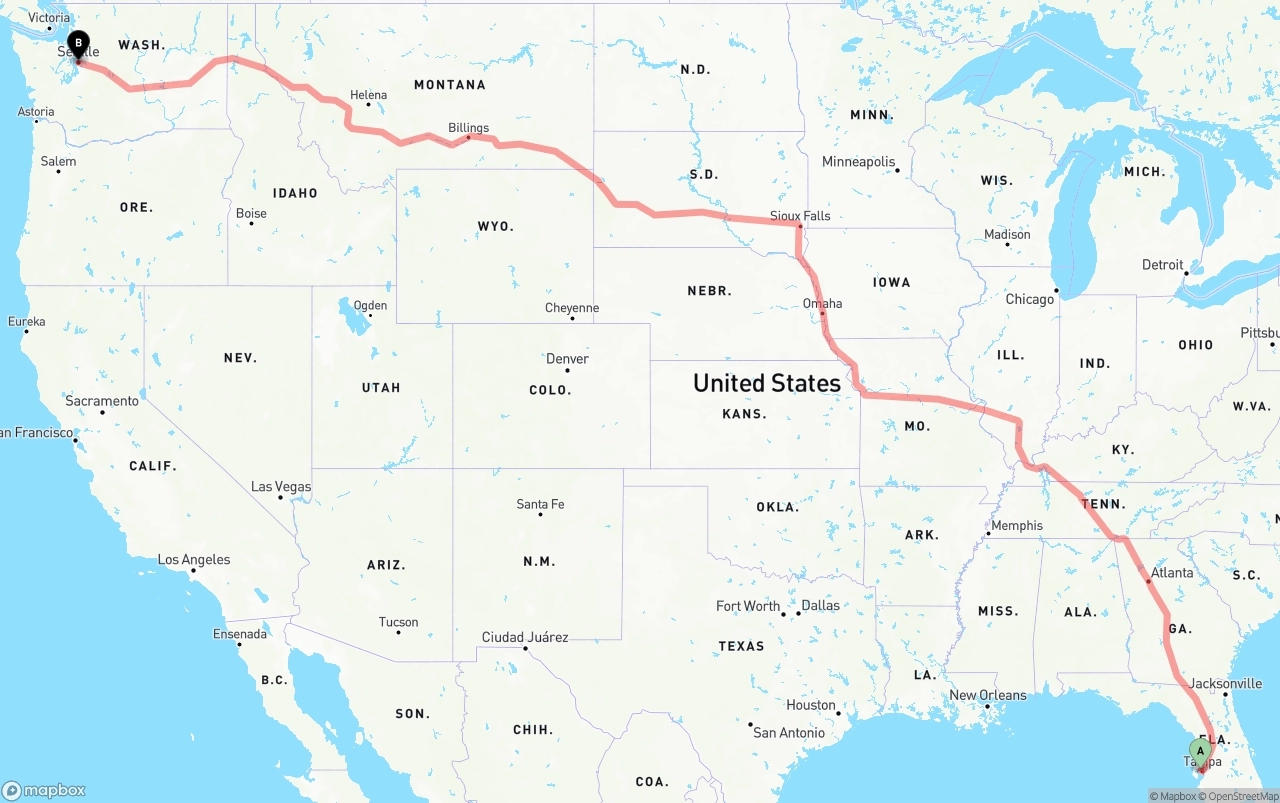 Shipping route from Tampa International Airport to Seattle