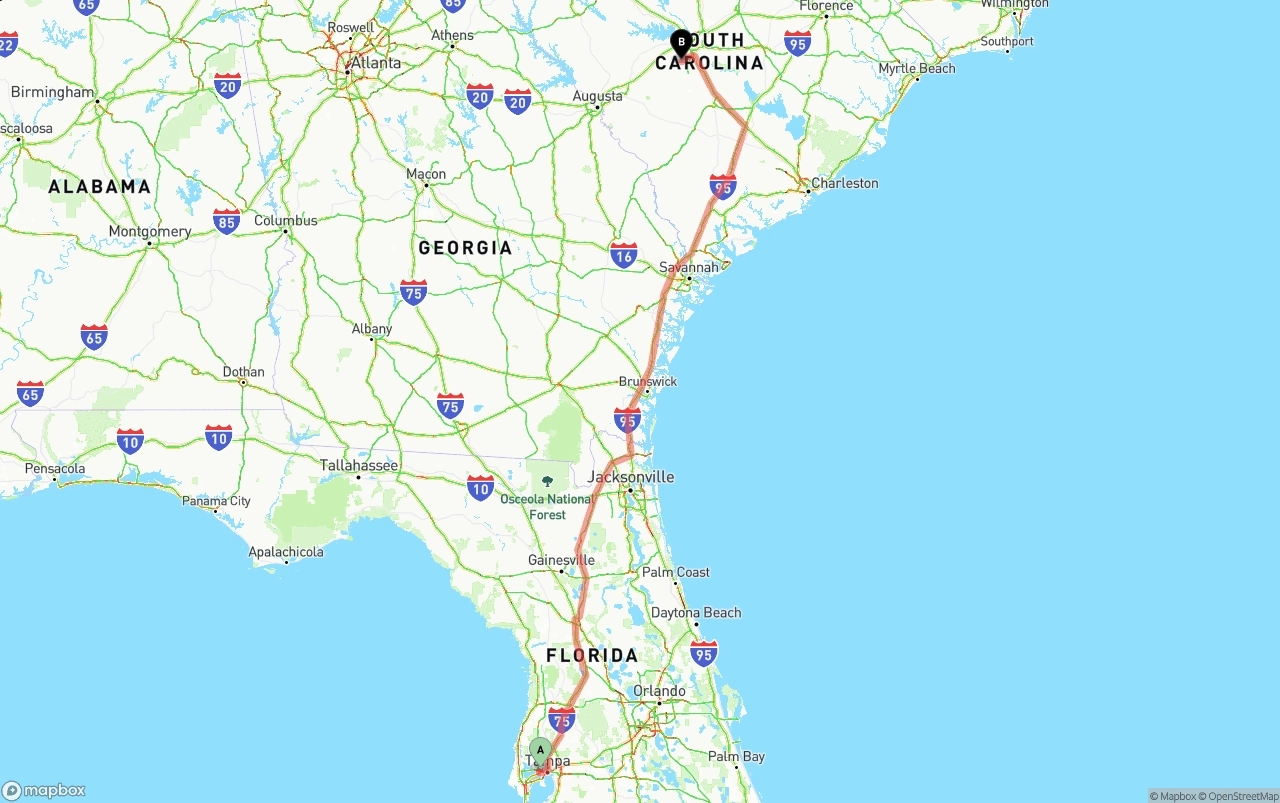 Shipping route from Tampa International Airport to South Carolina
