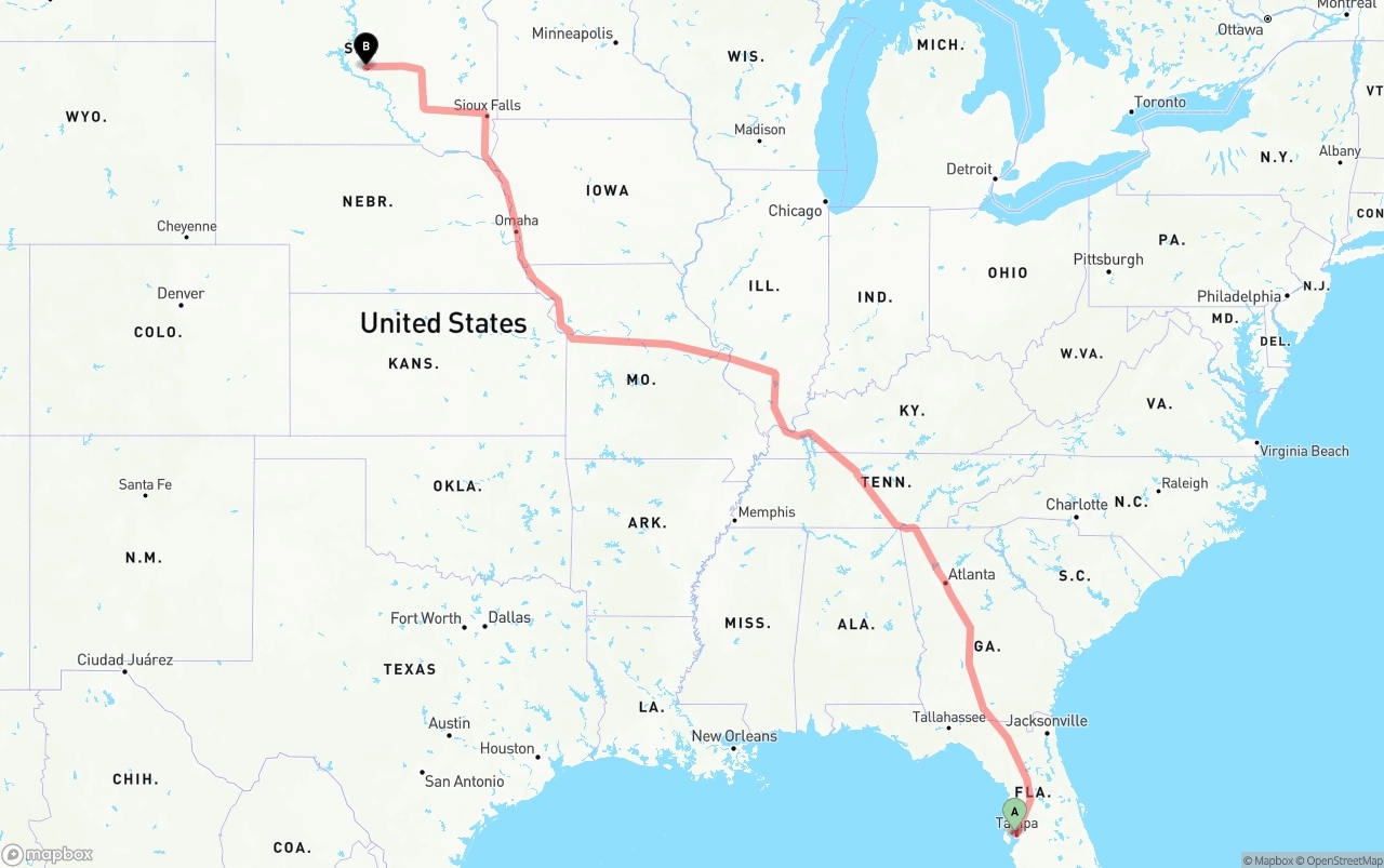 Shipping route from Tampa International Airport to South Dakota