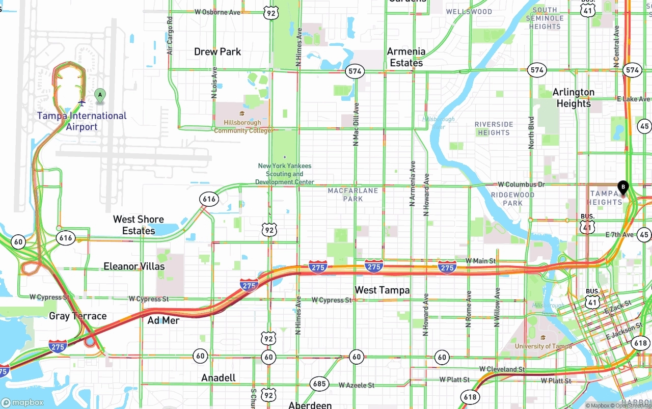 Shipping route from Tampa International Airport to Tampa