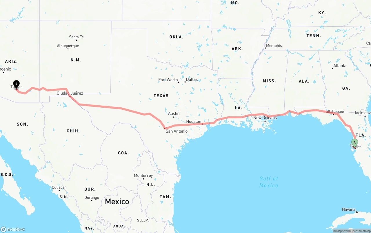 Shipping route from Tampa International Airport to Tucson