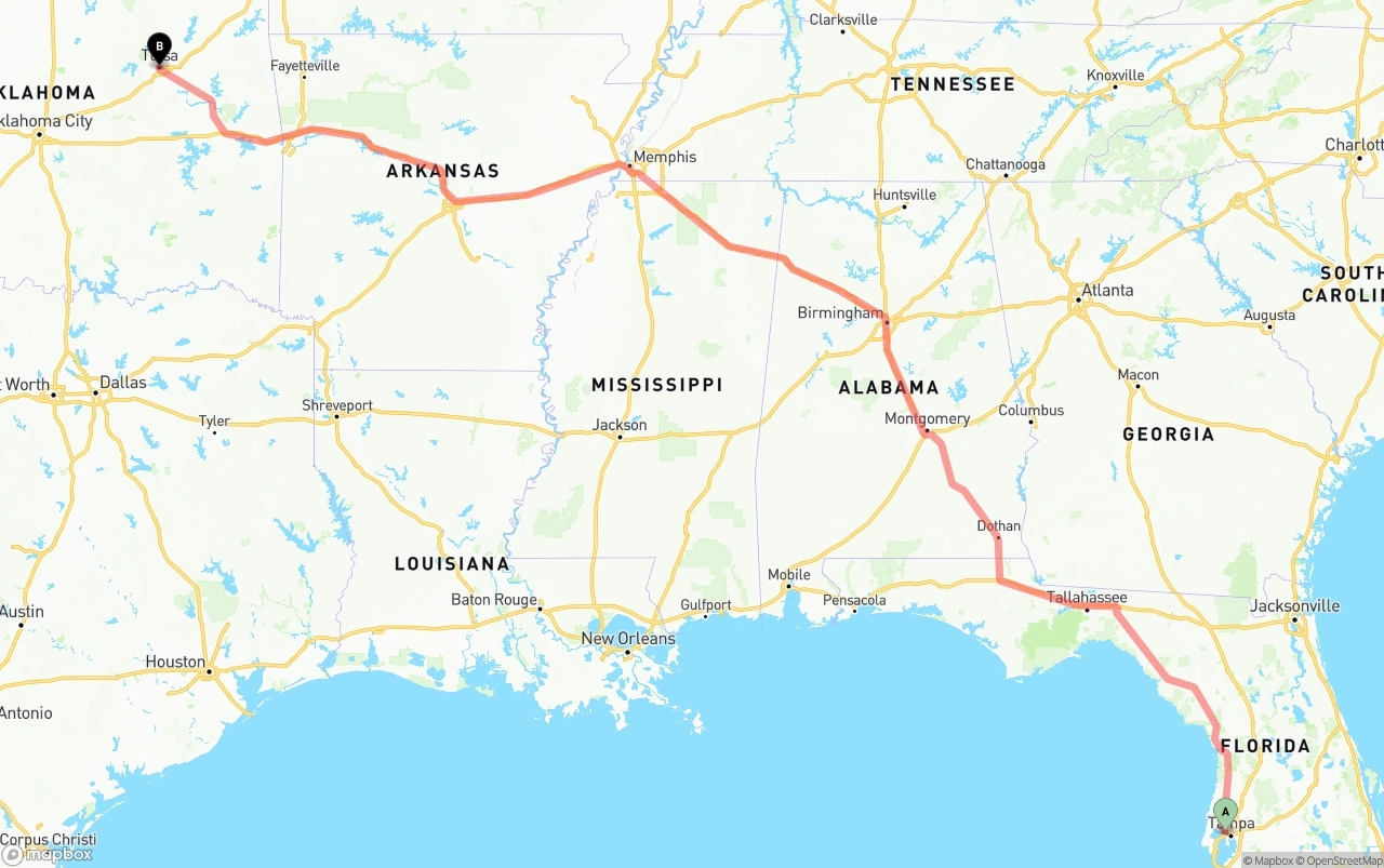 Shipping route from Tampa International Airport to Tulsa