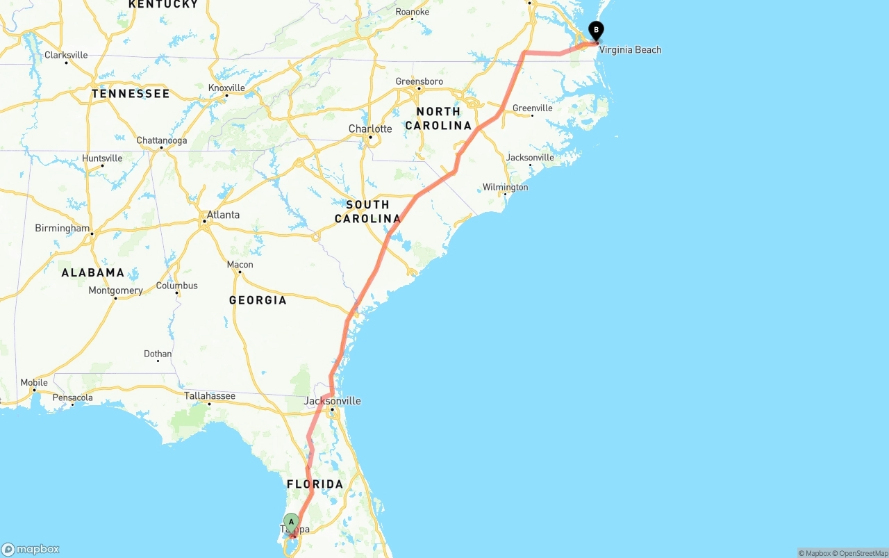 Shipping route from Tampa International Airport to Virginia Beach