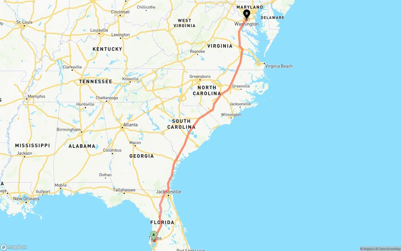 Shipping route from Tampa International Airport to Washington D.C.