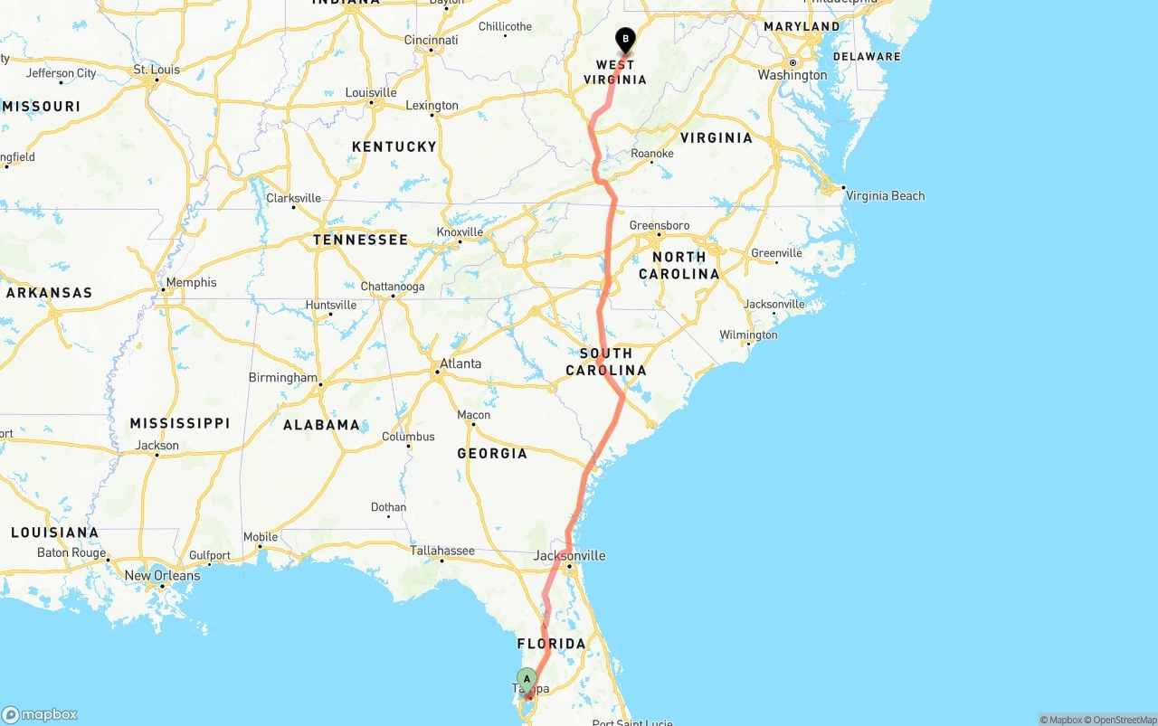 Shipping route from Tampa International Airport to West Virginia