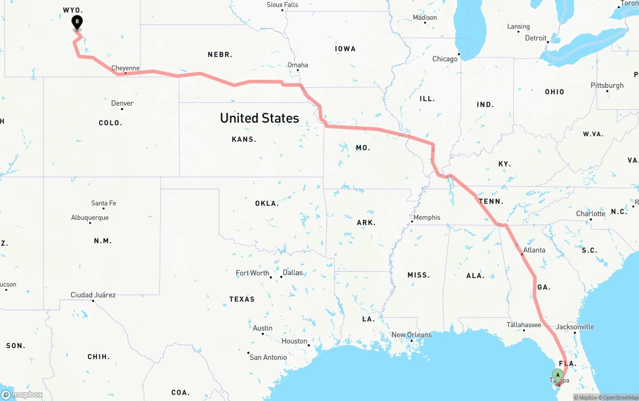 Shipping route from Tampa International Airport to Wyoming