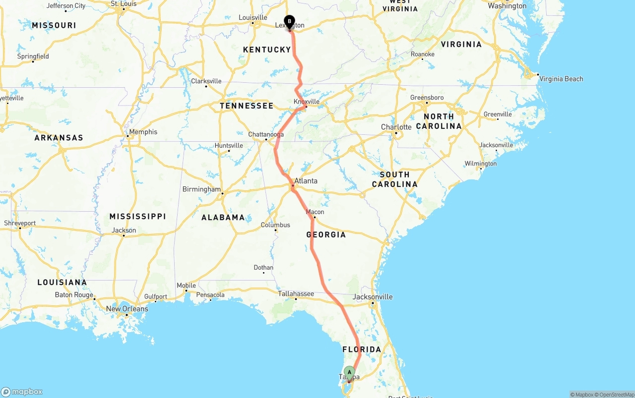 Shipping route from Tampa to Lexington