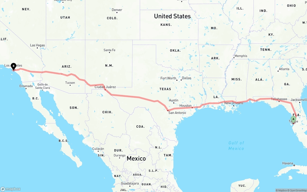 Shipping route from Tampa to Long Beach