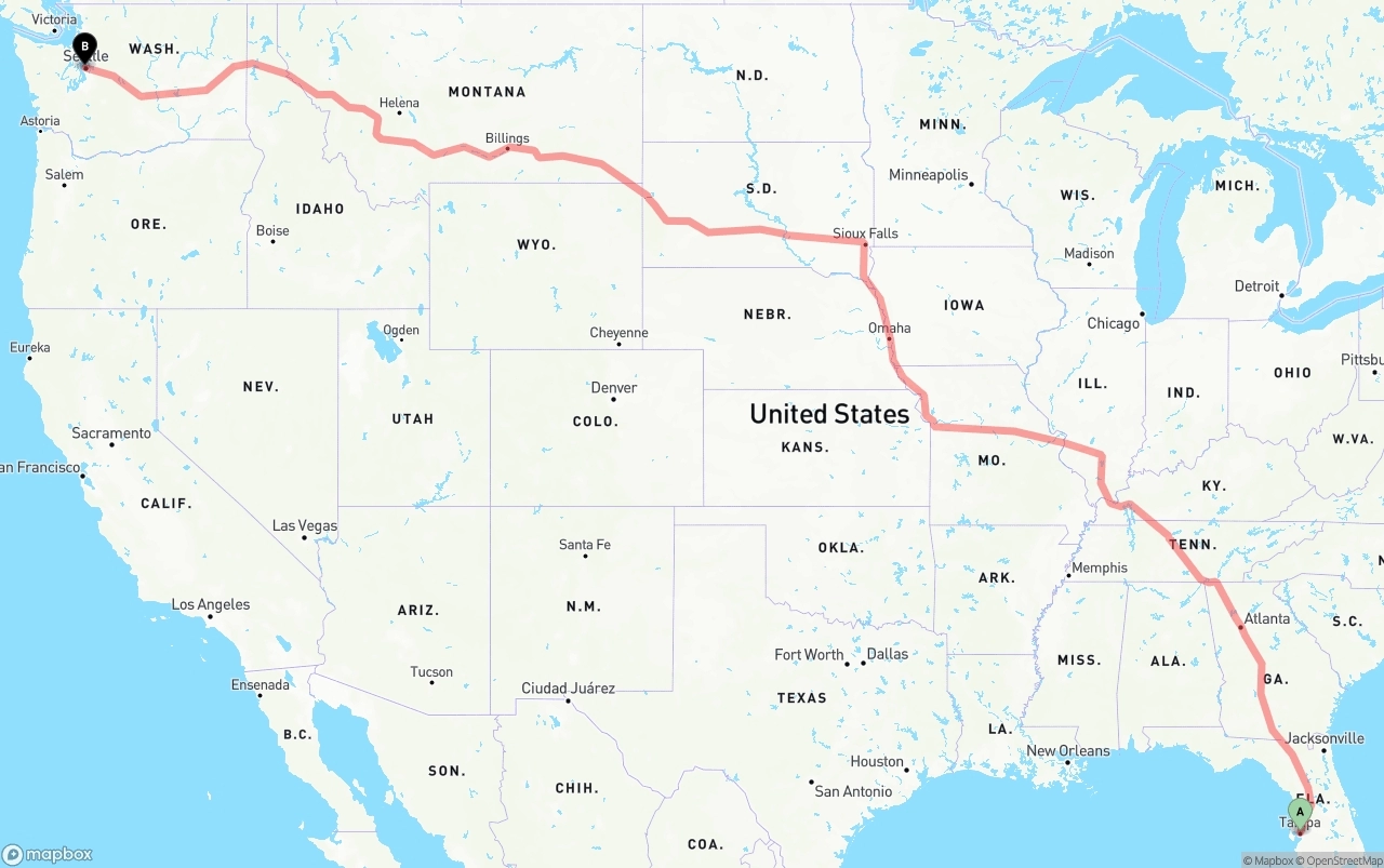 Shipping route from Tampa to Port of Seattle