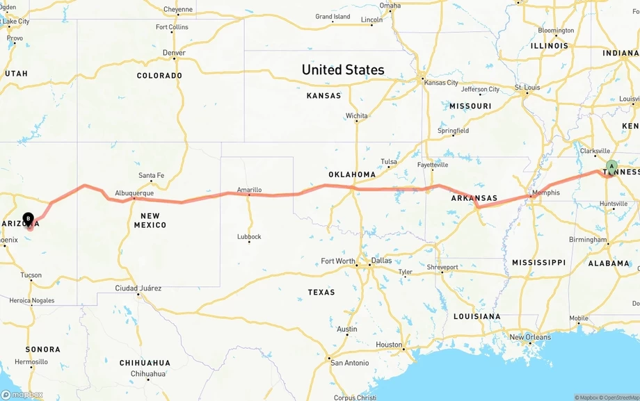 Tennessee to Arizona freight shipping route map