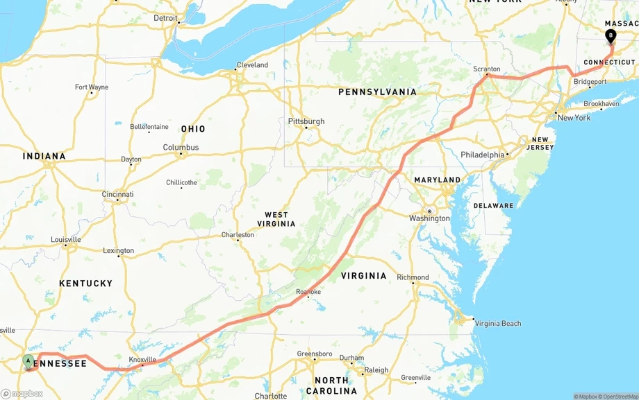 Tennessee to Bradley International Airport freight shipping route map