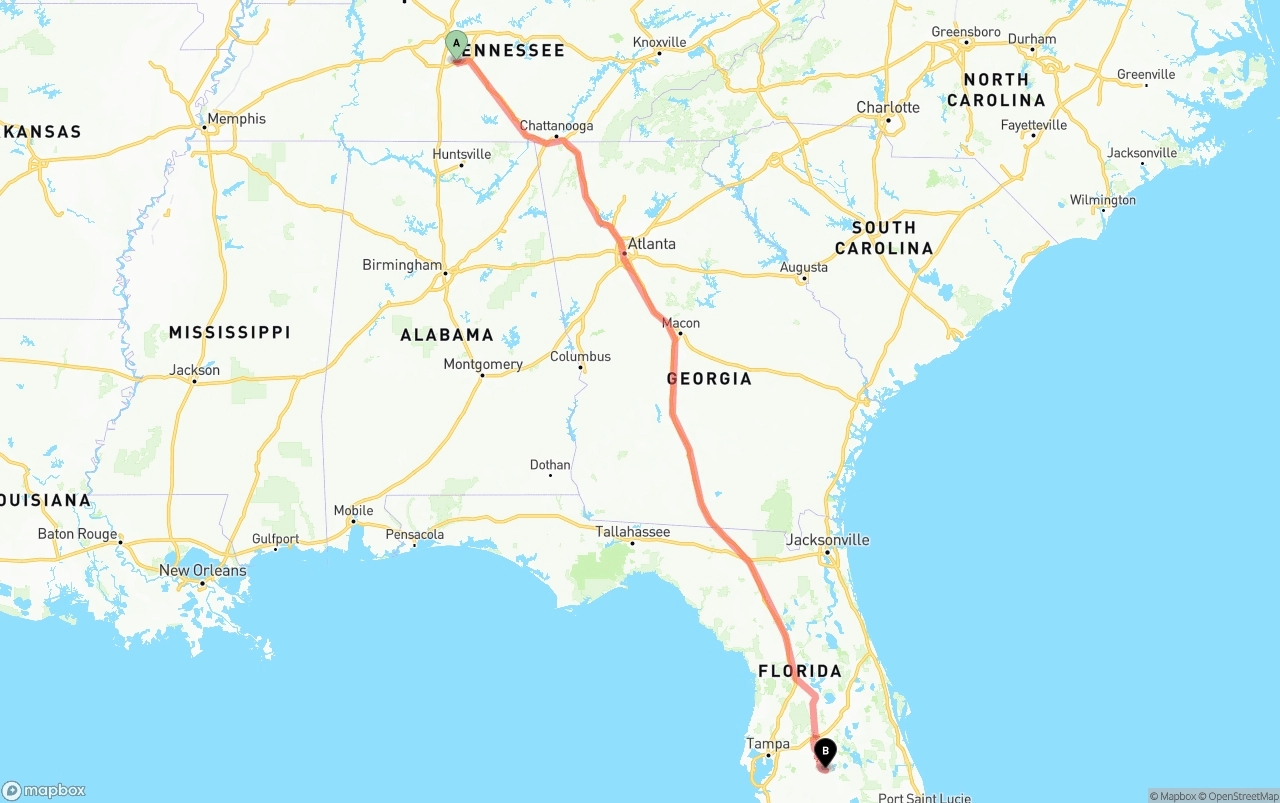 Shipping route from Tennessee to Florida