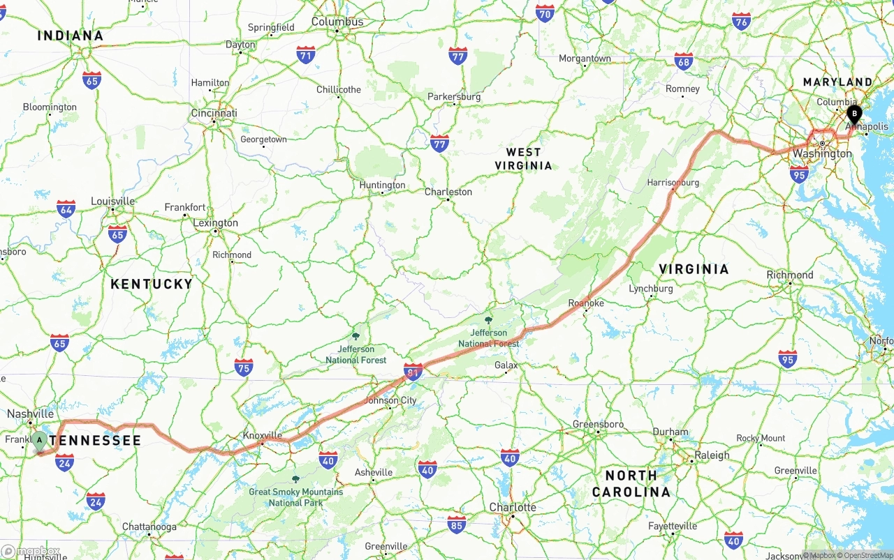 Shipping route from Tennessee to Maryland