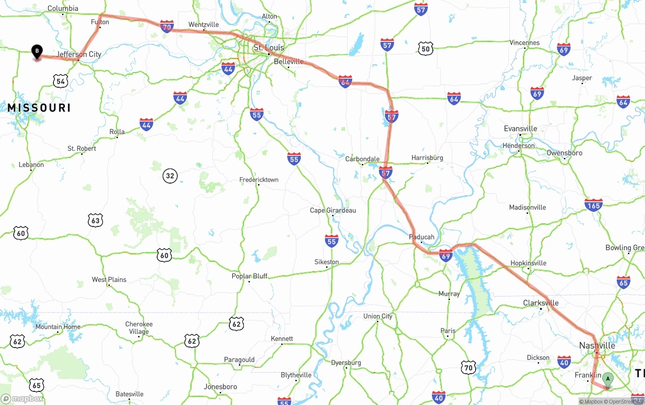Shipping route from Tennessee to Missouri