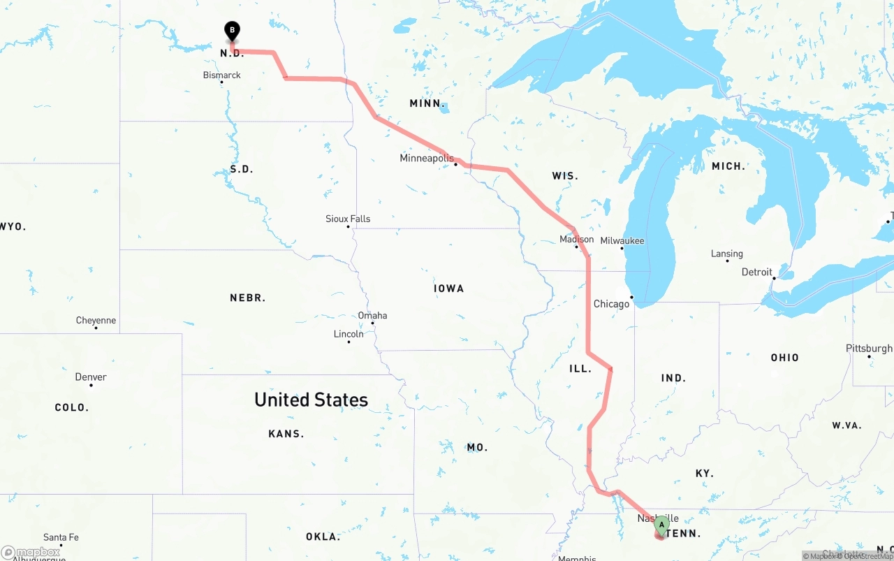 Shipping route from Tennessee to North Dakota