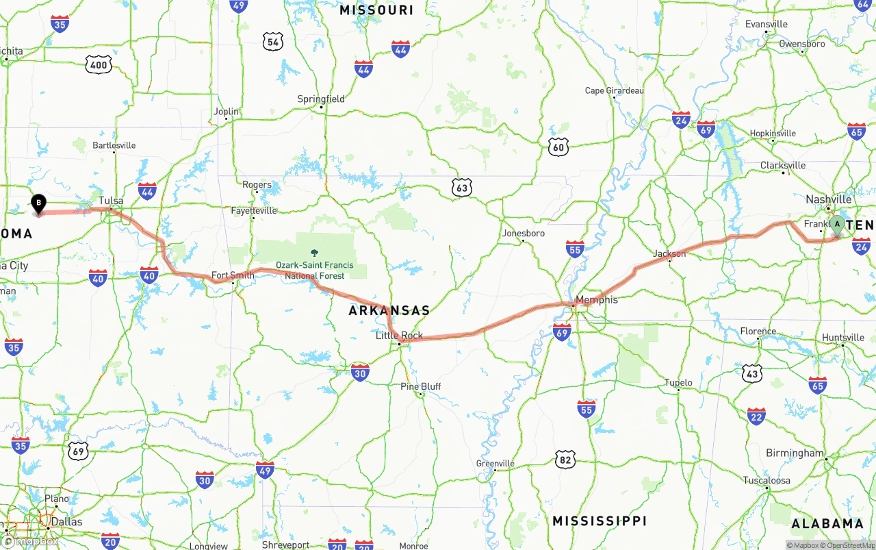 Shipping route from Tennessee to Oklahoma