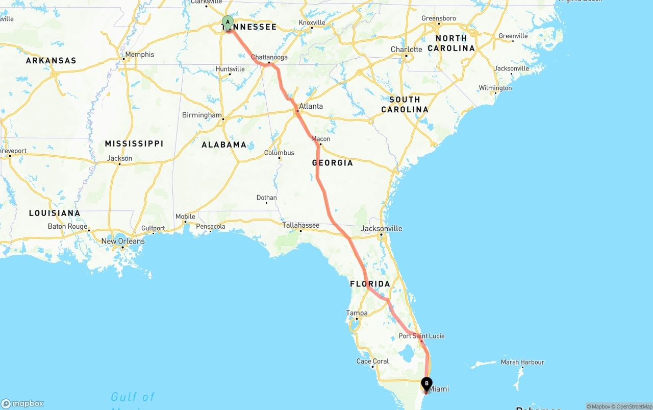 Shipping route from Tennessee to Port of Miami