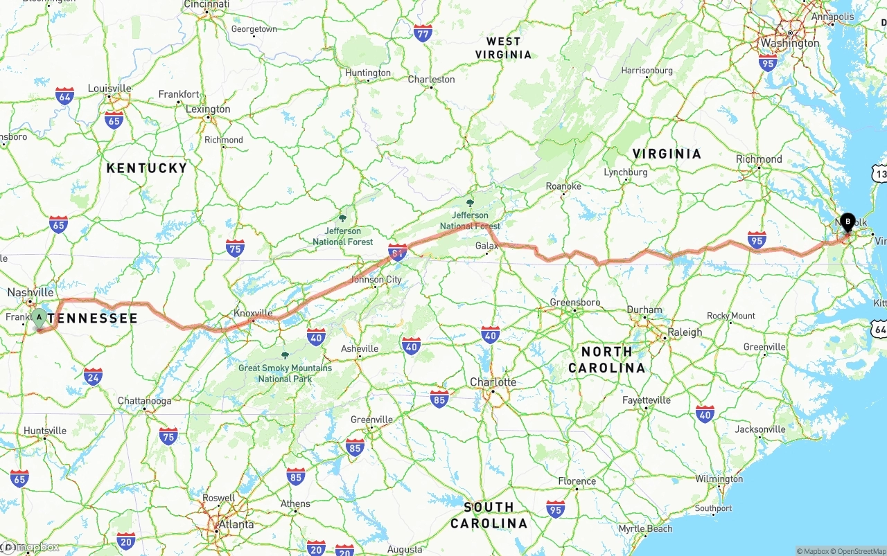 Shipping route from Tennessee to Port of Norfolk
