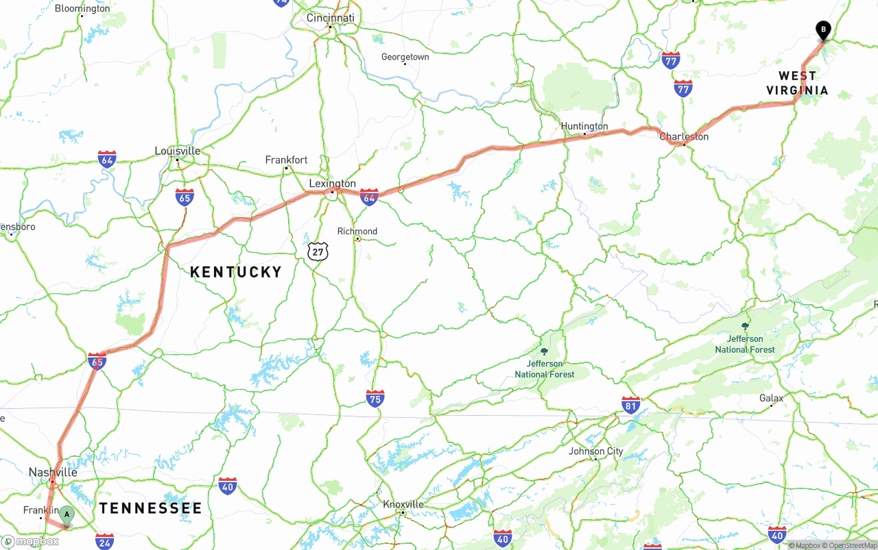 Shipping route from Tennessee to West Virginia