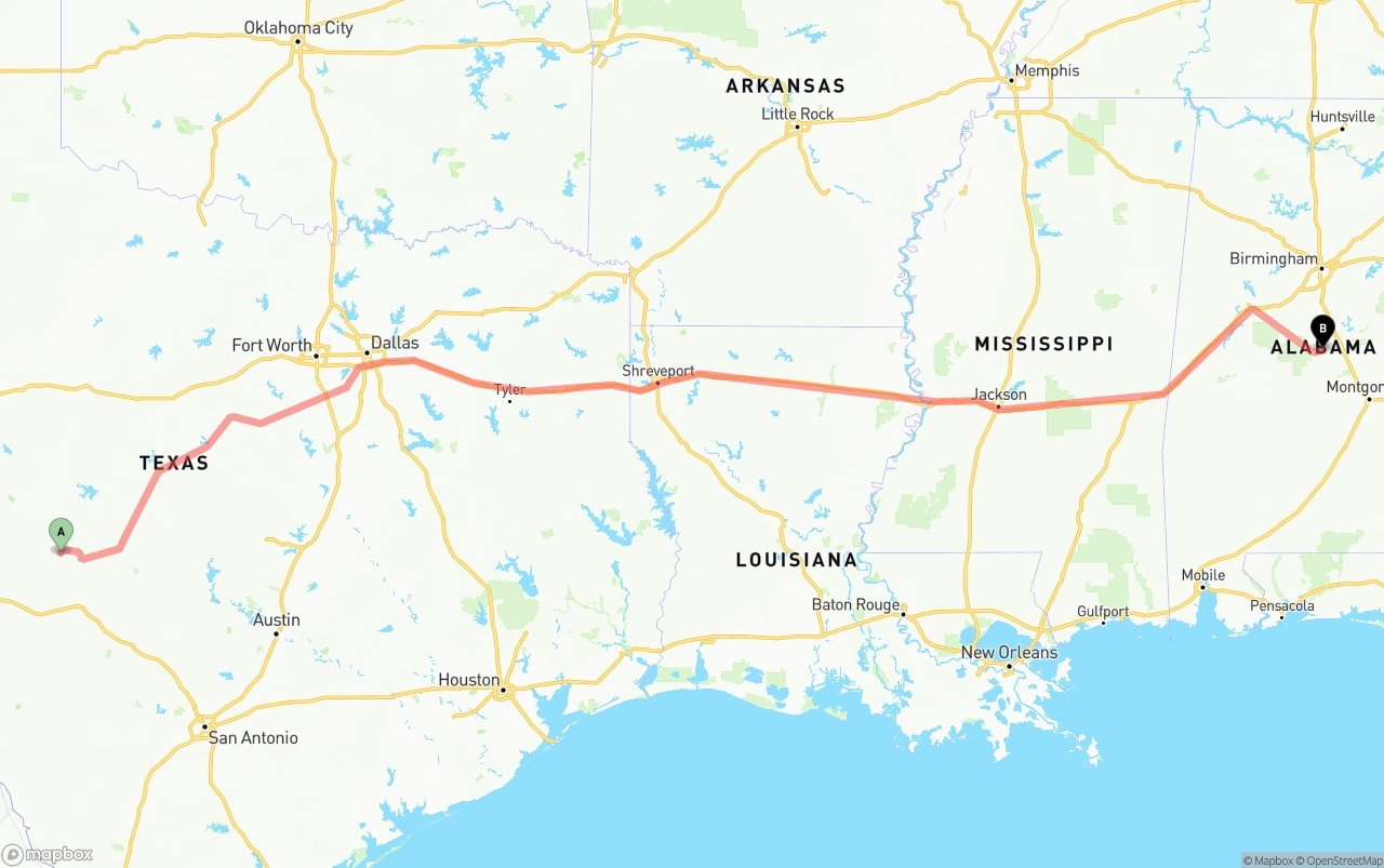 Shipping route from Texas to Alabama