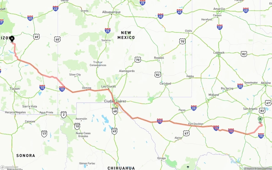 Texas to Arizona freight shipping route map