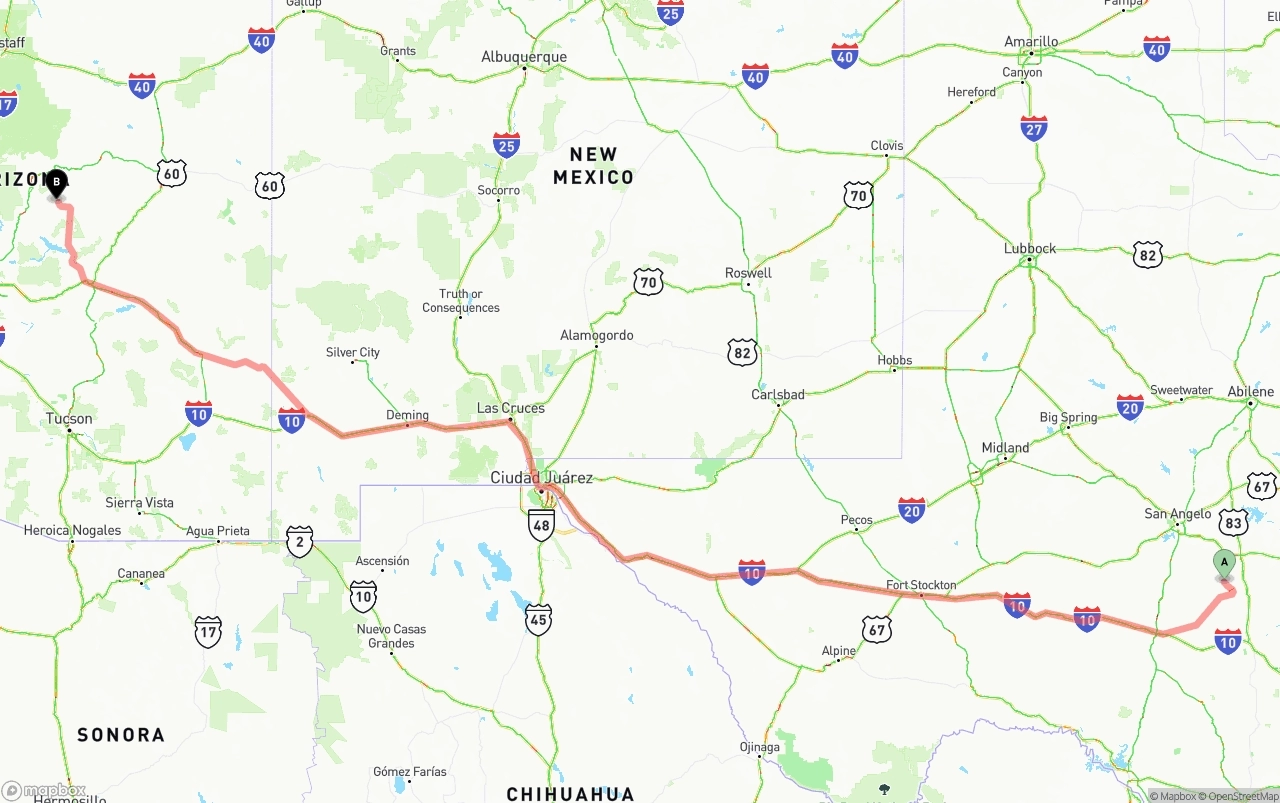 Shipping route from Texas to Arizona