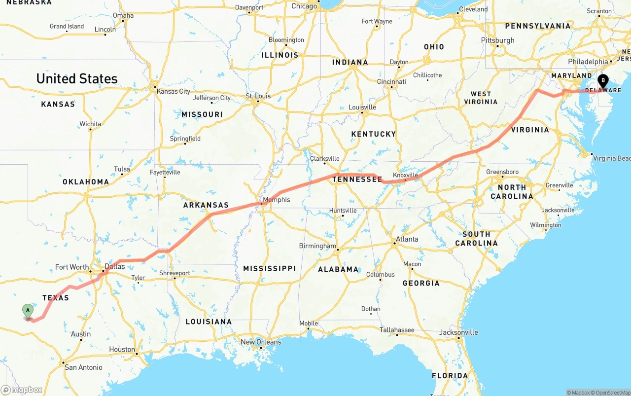Shipping route from Texas to Delaware