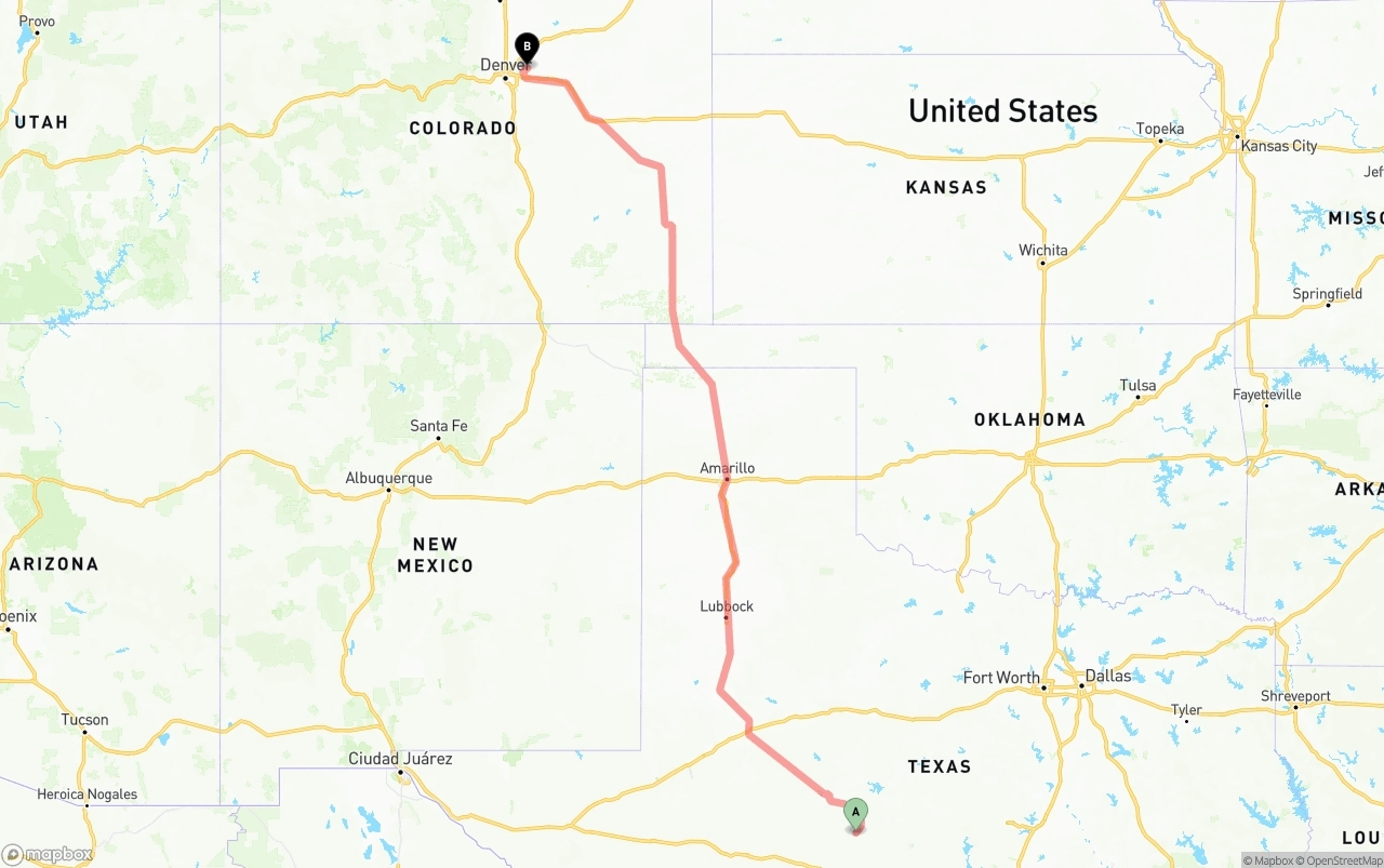 Shipping route from Texas to Denver International Airport