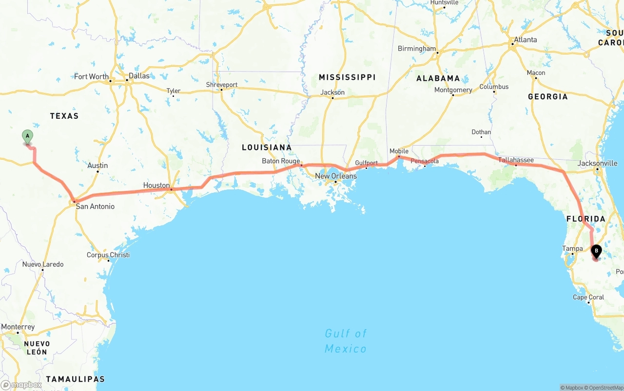 Shipping route from Texas to Florida