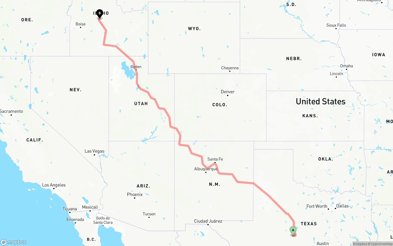 Shipping route from Texas to Idaho