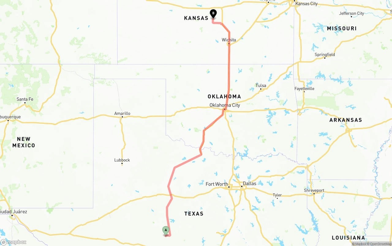 Shipping route from Texas to Kansas