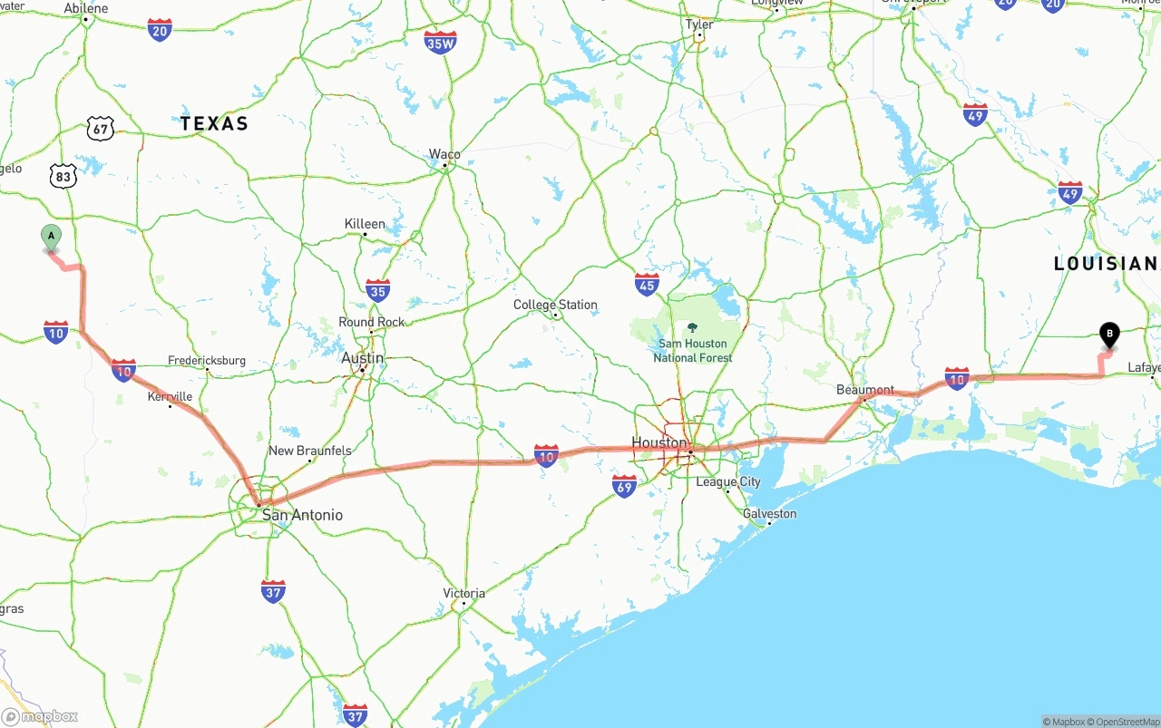 Shipping route from Texas to Louisiana