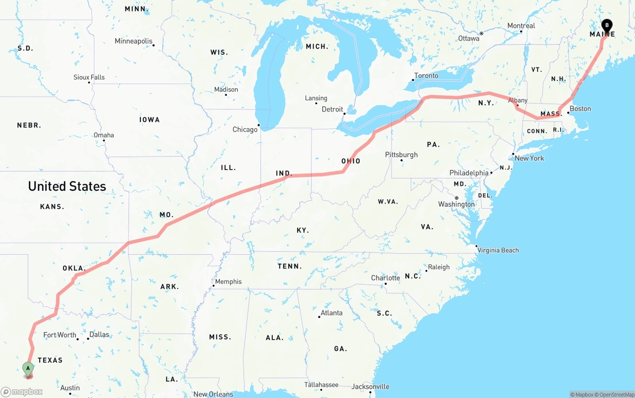 Shipping route from Texas to Maine