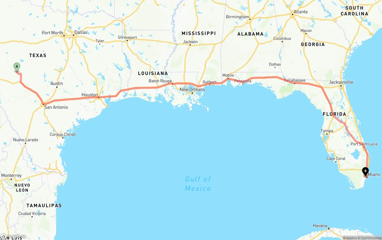 Shipping route from Texas to Miami International Airport