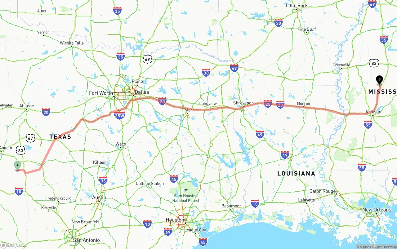 Shipping route from Texas to Mississippi