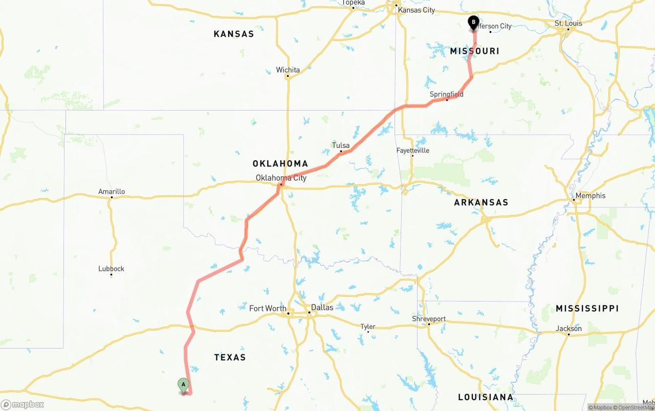 Shipping route from Texas to Missouri
