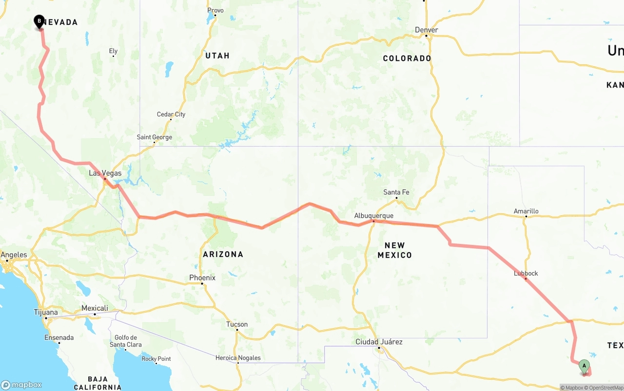 Shipping route from Texas to Nevada