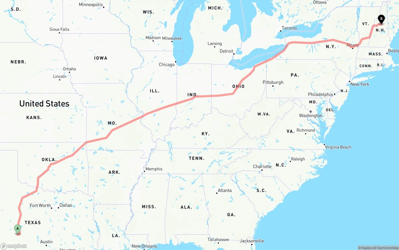 Shipping route from Texas to New Hampshire