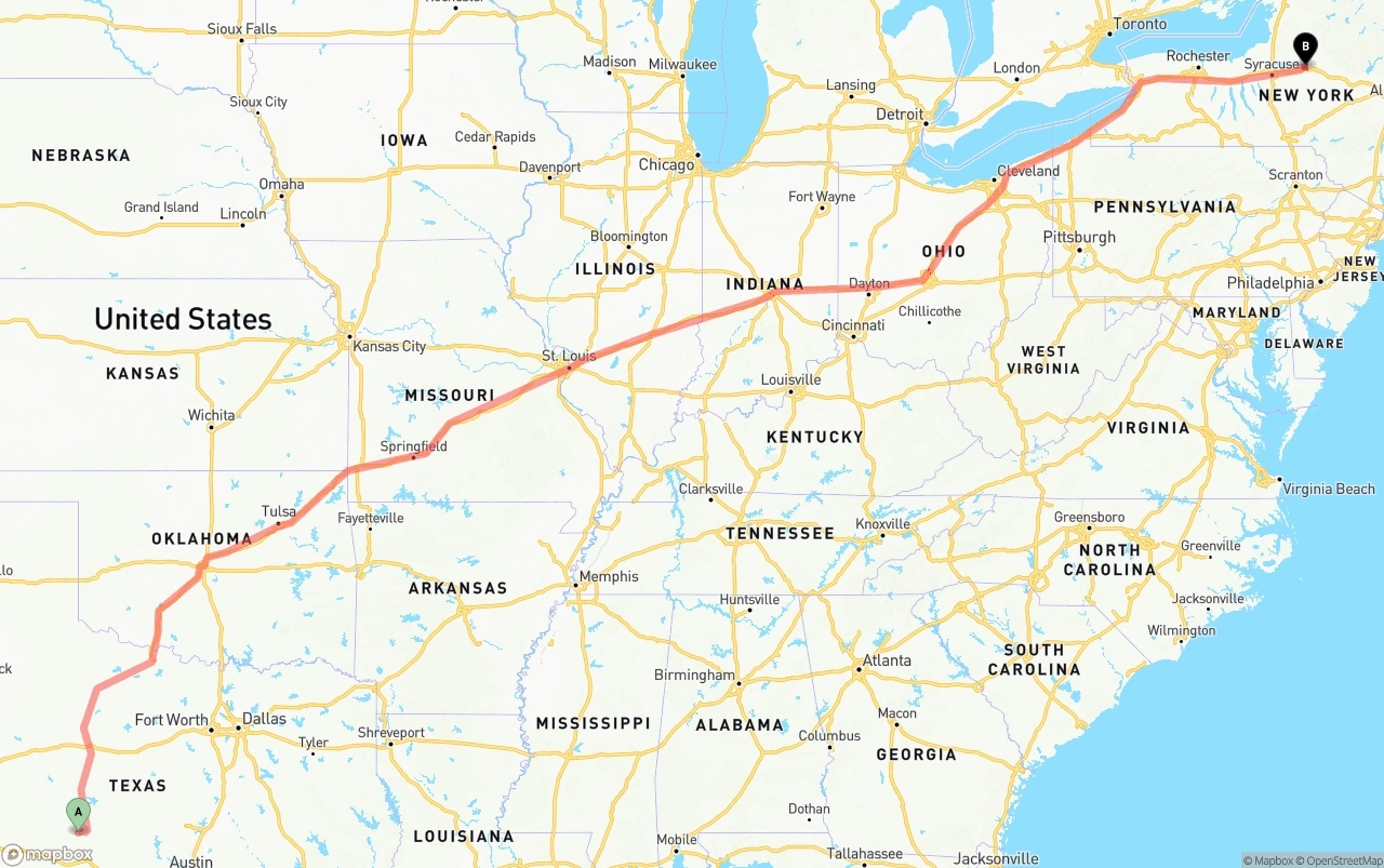 Shipping route from Texas to New York
