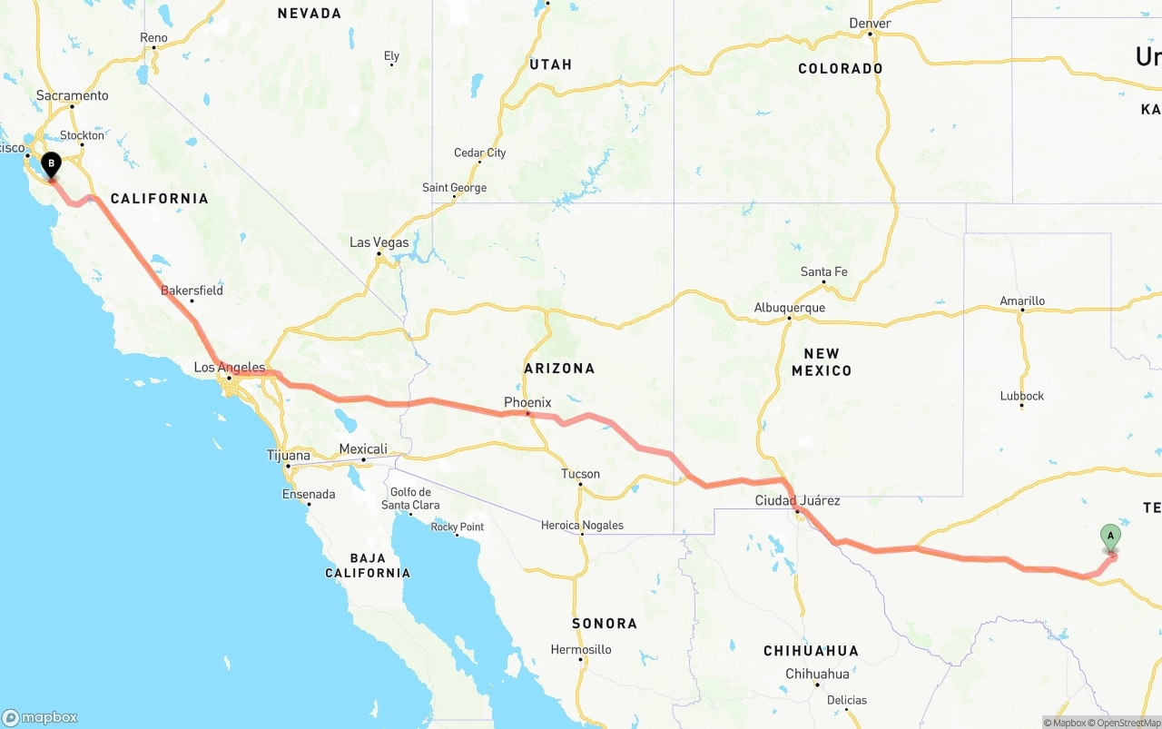 Shipping route from Texas to Norman Y. Mineta San Jose International Airport