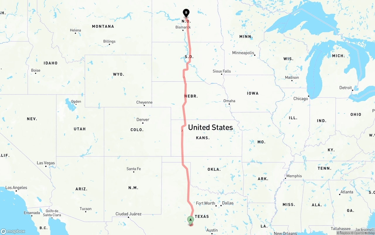 Shipping route from Texas to North Dakota