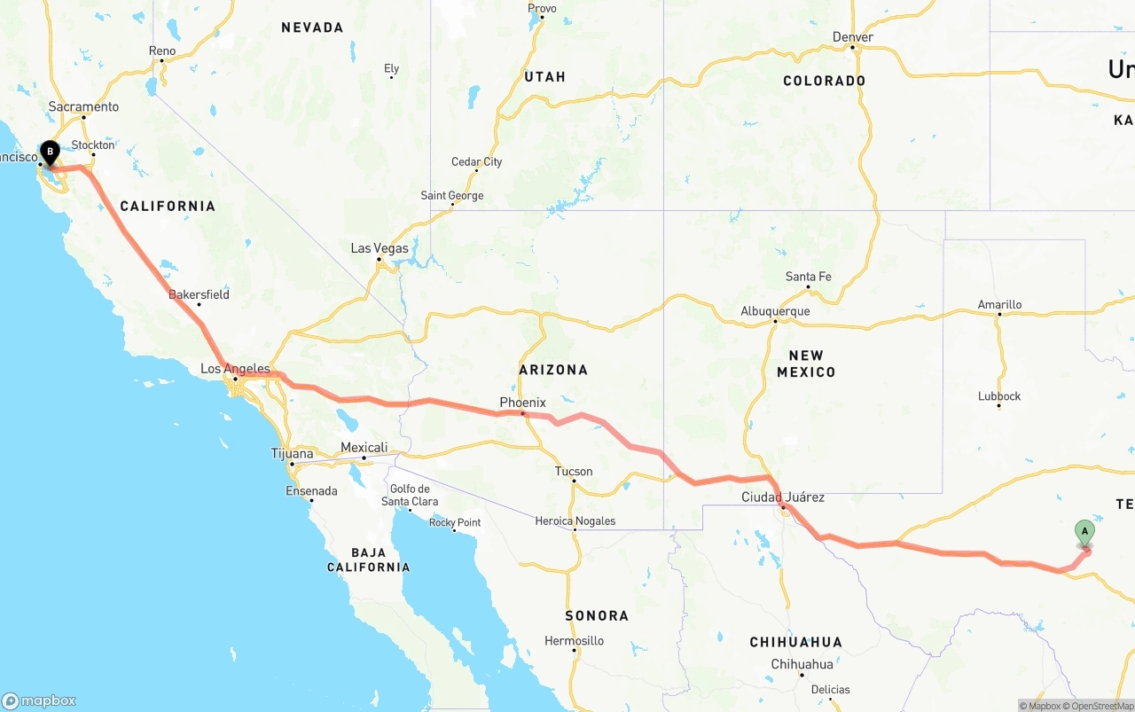 Shipping route from Texas to Oakland International Airport